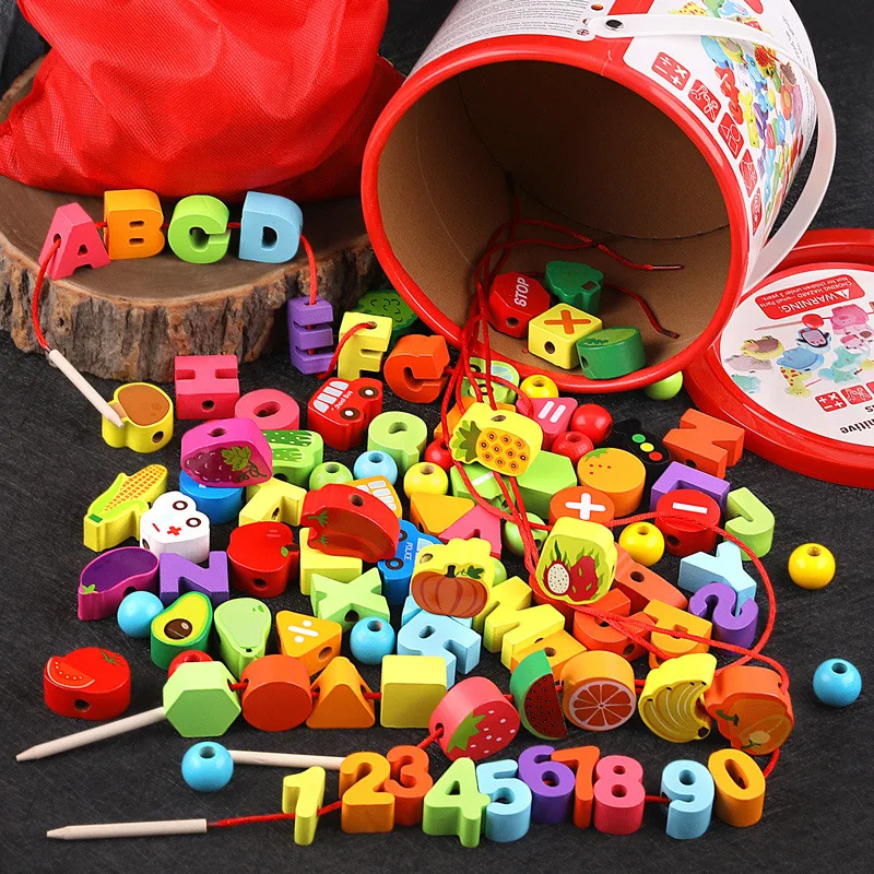 100OPcs Montessori DIY Colored Wooden Cartoon Animals Shaped String Threading Lacing Beads Beading Game Jewelry Making Toys Kids