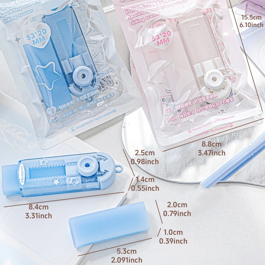 Sliding Eraser Refill Set Sparkling & Transparent Refillable Less Dust Cleaning Correcting Tools Office School F7701