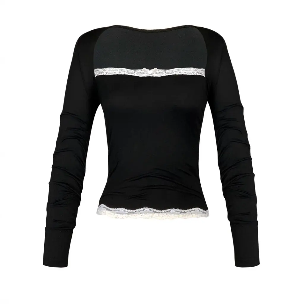

French Style Long-sleeved Lace Stitching Slim-fit Short Knitted Base Shirt Top for Women European And American Fashion