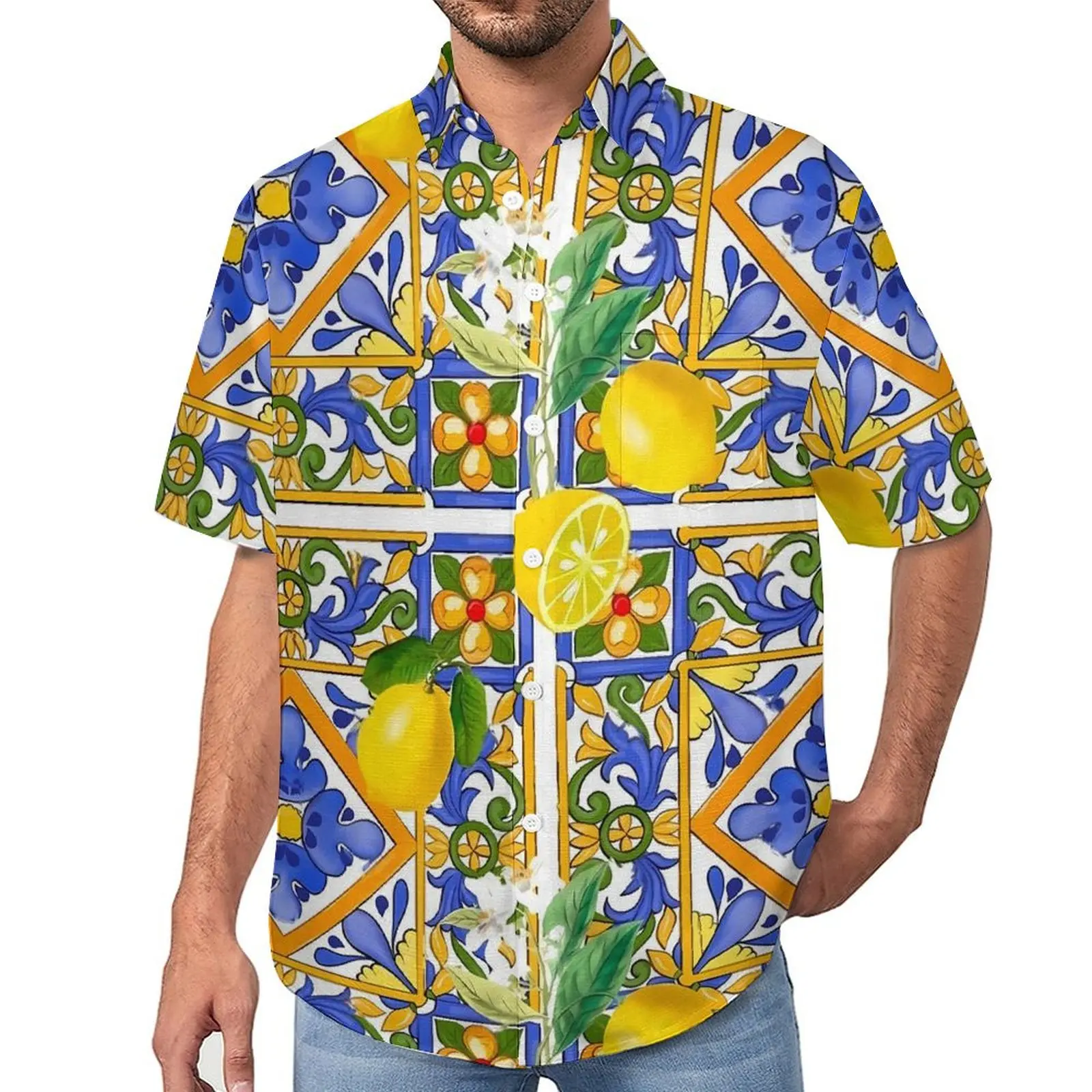 Fruit Print Blouses Man Oranges And Lemons Casual Shirts Hawaii Short Sleeve Vintage Oversized Vacation Shirt Birthday Gift