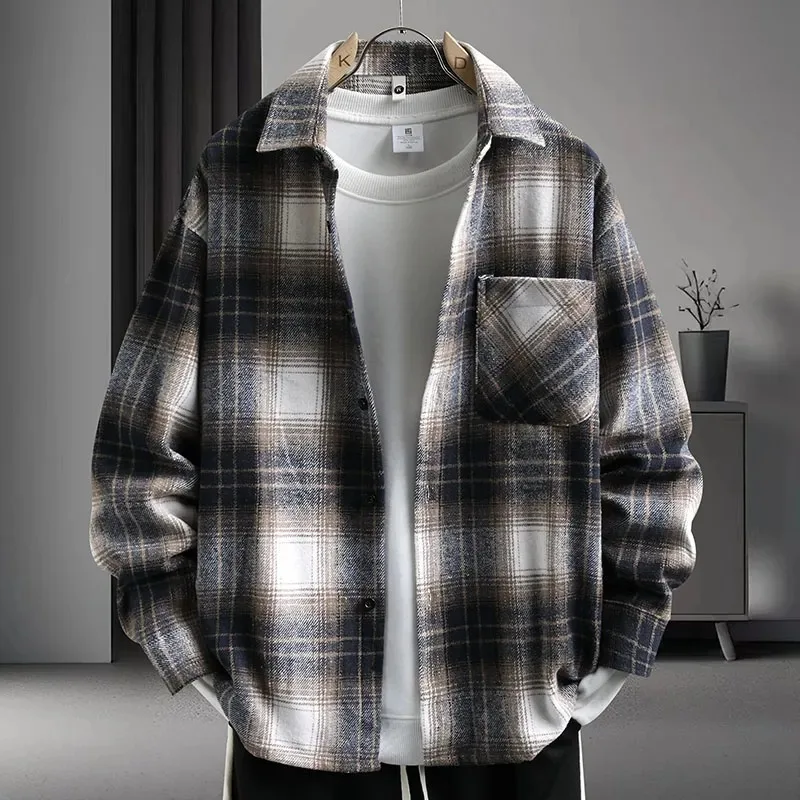 

Men Spring Autumn Plaid Shirt Loose Lapel Long Sleeve Casual Woolen Fabric Oversized Comfortable Blouse Top
