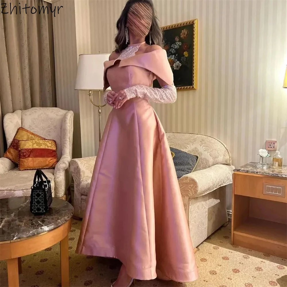 Yipeisha Simple Pink Bateau Neck Satin Pageant Dresses A-line High Neck Beading Off the shoulder Sparkly Sleeves Evening Gown