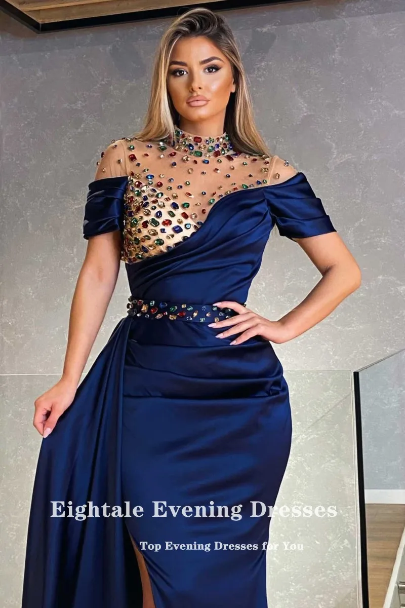 Eightale Arabisch Avondjurken Hoge Hals Korte Mouwen Kristallen Prom Gown Kralen Mermaid Royal Blue Satin Party Dress Vestido