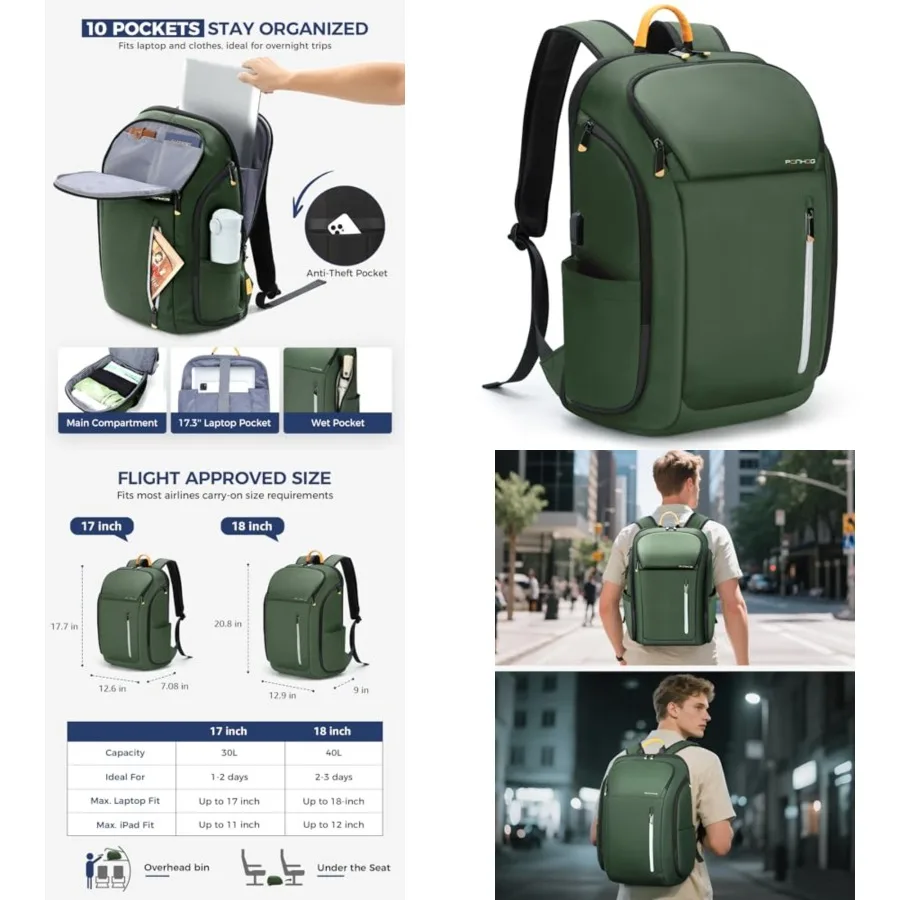 Laptop Backpack for Men, Busess Travel Anti-Theft Backpack with USB Chargg Port, Water Resistant Computer Bag Carry On Flight A