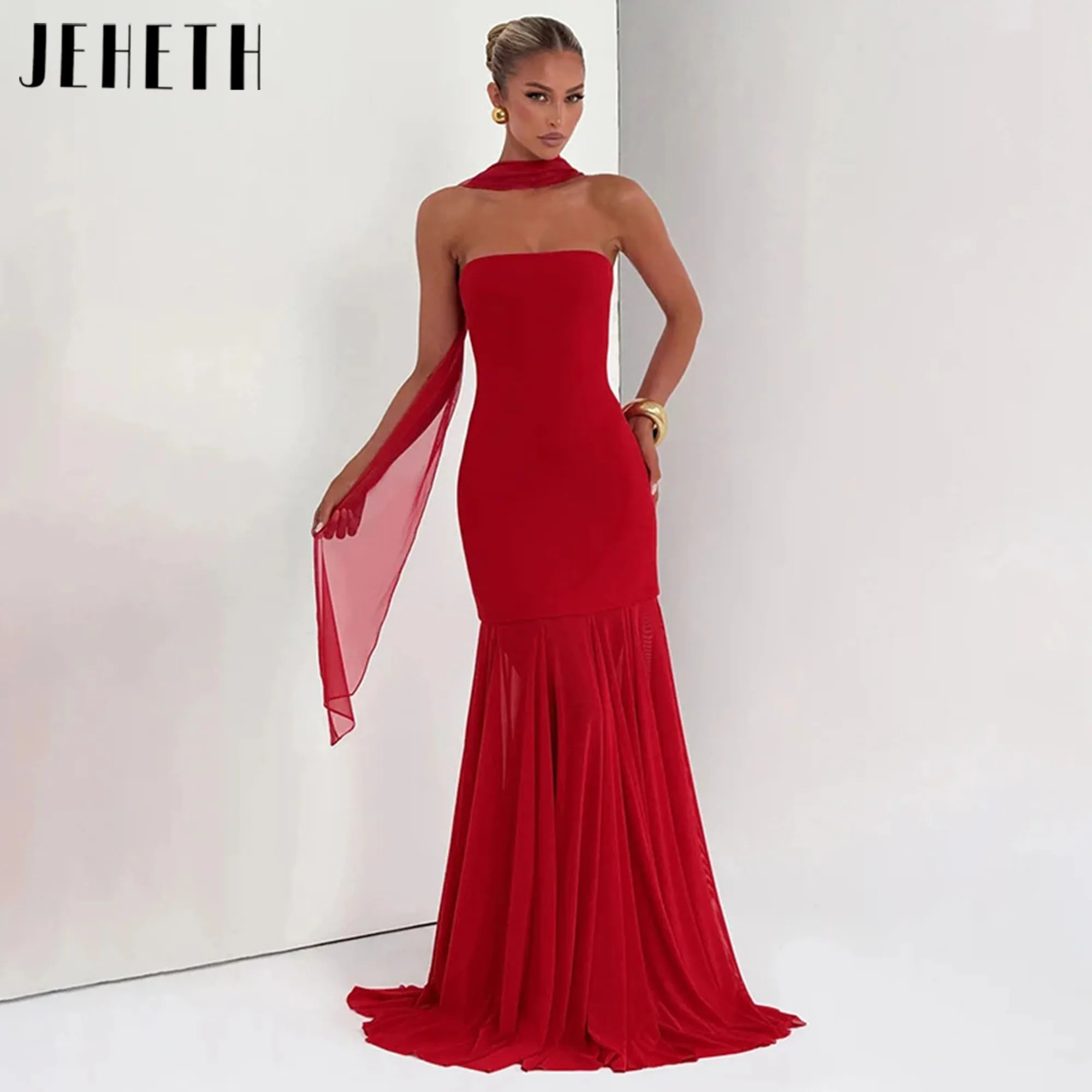 

Red Chiffon Party Dresses Long Detachable Shawl Evening Dress Customized Pleat Mermaid Formal Occasion Gown vestidos de fiesta