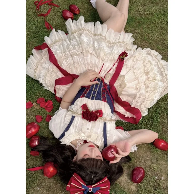 Lolita Collection Vintage Lolita Corset Dress with Red Rose Blue & Cream Lace Tiered Ruffle Skirt Elegant Victorian Ball Gown