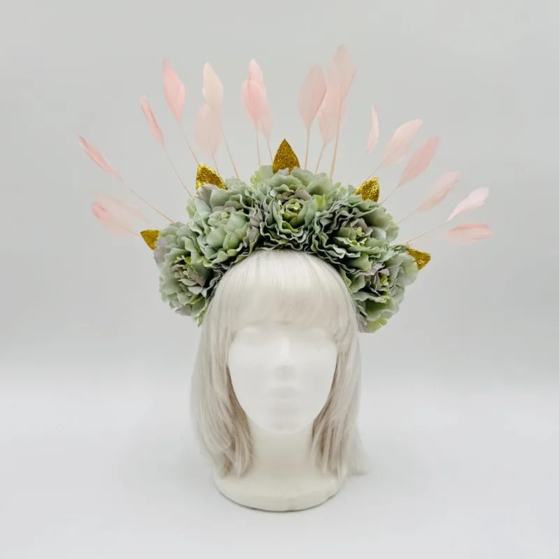 

Festival Goddess Halo Crown - Pink Feather & Pistachio Flower Headdress for Music Festivals, Boho Wedding, Handmade Headpiece