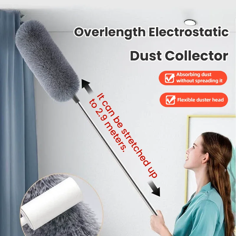 Dust duster with extension pole telescopic and bendable electrostatically adsorbed and lint free reusable and washable ceilin