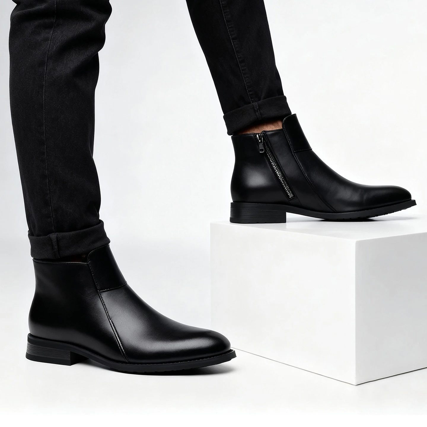 

British Leather Chelsea Boots Men's Low-top Heightening Short Boots Pointed Zipper Black Winter Leather Boots Trendy Velvet