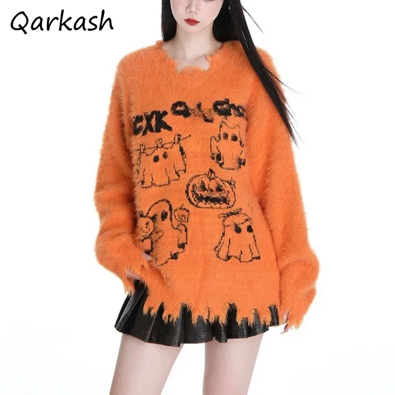 Pullovers Women Pumpkin Color Halloween Atmosphere Couple Knitted Sweaters American Retro Printed Irregular Hem Loose Trendy