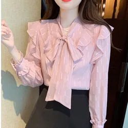 #3132 Spring Pink Chiffon Shirts Blouse Thin Sexy Bow Collar France Style Vintage Office Blouse Femme Slim Fit Spliced Ruffles