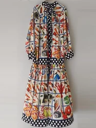 Light luxury printed single-breasted long-sleeved loose dress autumn women's new fashion temperament lace-up A-line dress