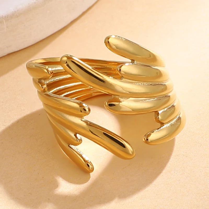 DLHP Irregular Stainless Steel Rings For Women Gold Plated Smooth Wings Wide Adjustable Open Rings 2024 Trend Jewelry Gift Femme