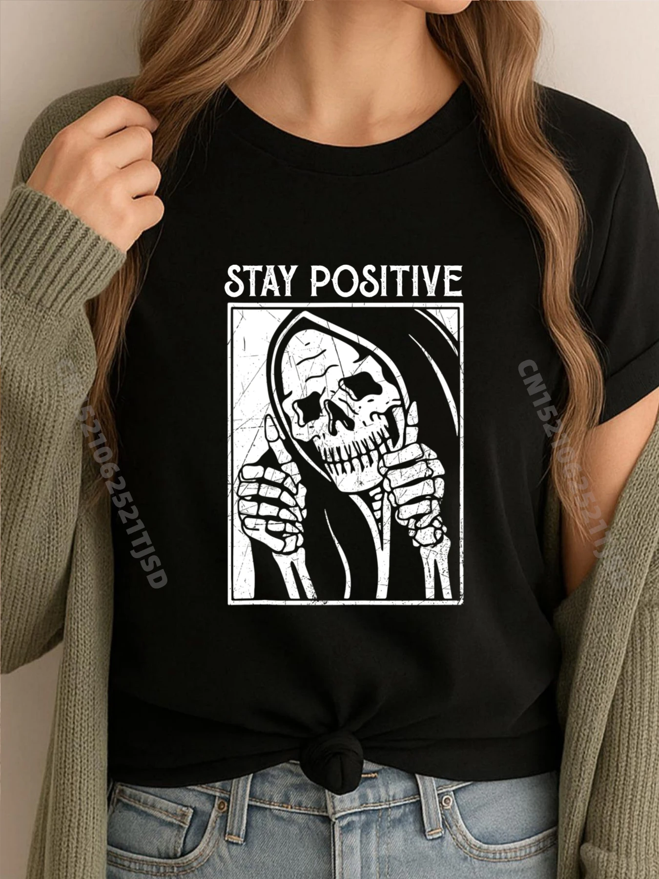

Череп Stay Positive Скелет Хэллоуин Забавный Череп Stay Positive Скелет Хэллоуин Графические Футболки Классическая Хлопковая Футболка Женская