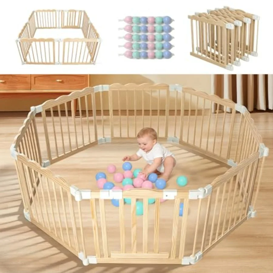 

Foldable Wooden Playpen for Babies and Toddlers Solid Wood Indoor Play Yard with Locking Gate Adjustable Size and Shape 60 x 60