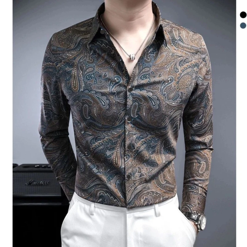

New Spring Summer Men Premium Print Casual Slim Fit Long Sleeve Shirt