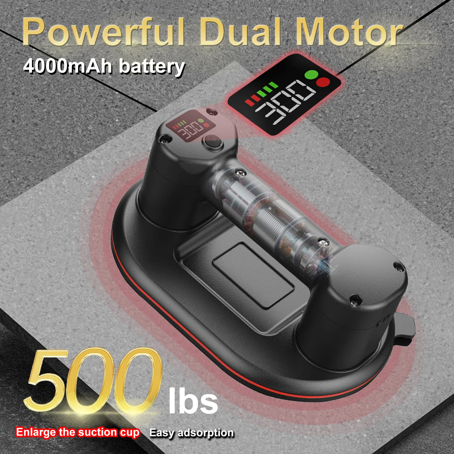 Intelligent Display Industrial Grade 4000mAh Electric Vacuum Suction Cup 300KG Load Heavy Duty Granite Tile Glass Lifter Tool
