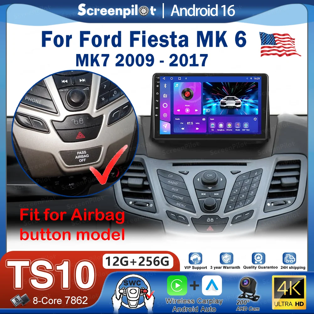 Автомагнитола Android 16 для Ford Fiesta Mk 6 2009-2018 с поддержкой американских подушек безопасности, мультимедийный видеоплеер, навигация, сенсорный экран