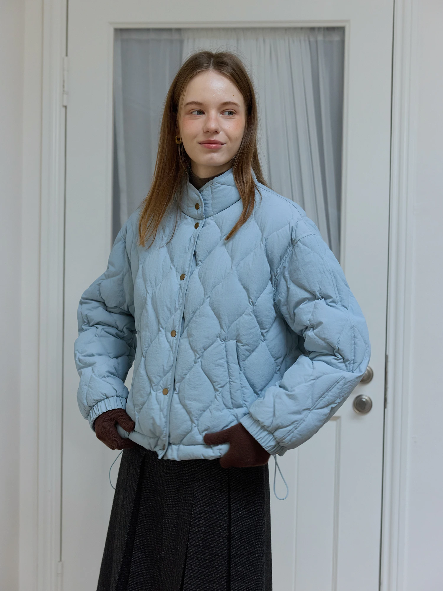 

New National Standard 90 White Duck down Blue Stand Collar Loose Warmth Puffer Jacket Women Autumn Winter Bread Style Outerwear
