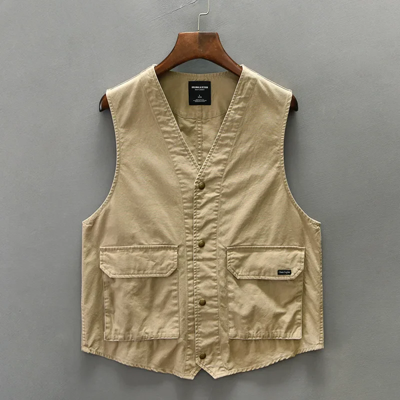 

2025 Spring New Men's Vest Japanese Retro Working Vest 4XL V-neck Button Sleeveless Jacket Men Casual Pure Cotton Waistcoat Male