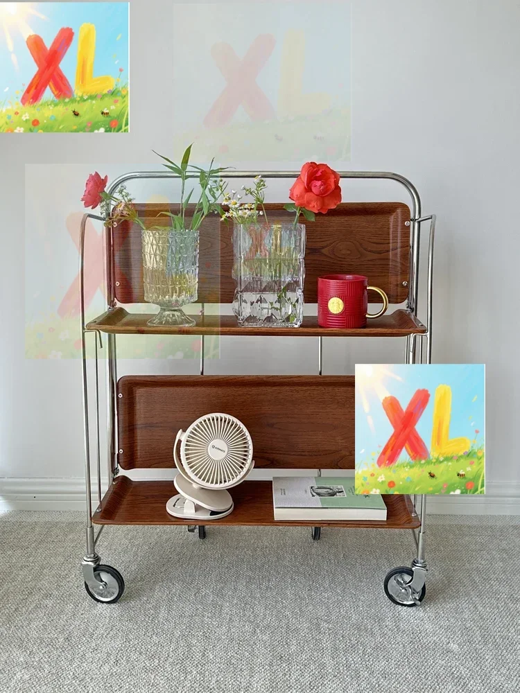

Expected | Stainless steel medieval folding ins trolley mobile tea side few glass dining car storage retro shelf
