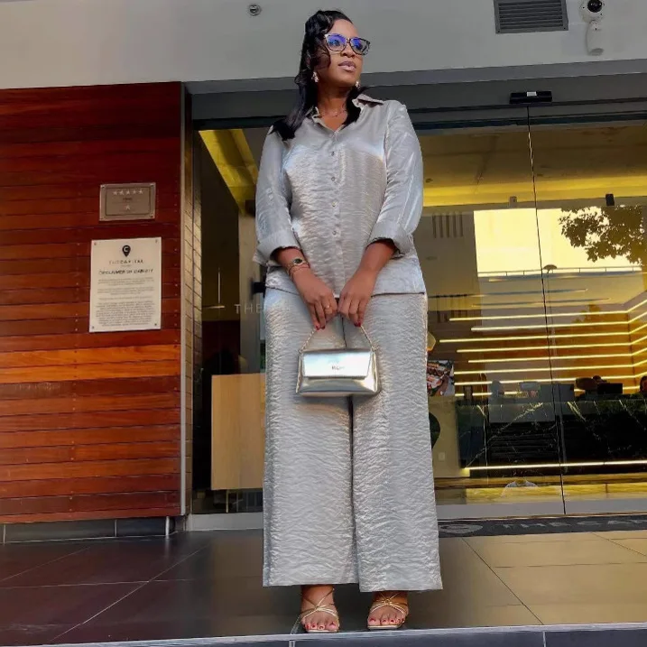 Conjunto informal de dos piezas para mujer, camisa y pantalones con cuello vuelto, manga larga, Color sólido, elegante, verano