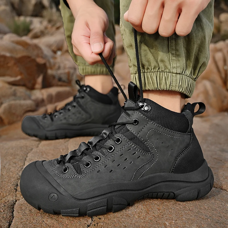 

Genuine Leather Mens Hiking Shoes Anti Slip Mens Boots Outdoor Sneakers Comfortable Climbing Hunting Trekking Camping Shoes Blac