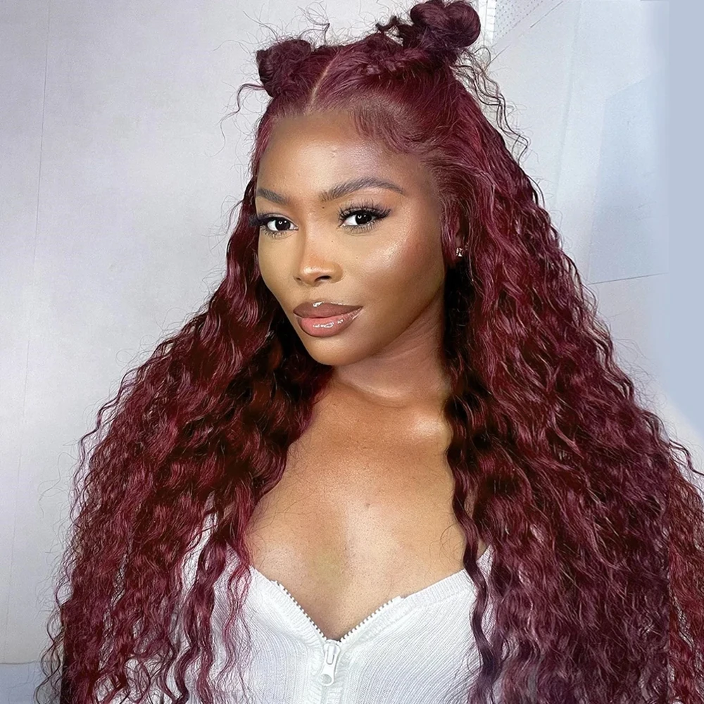 180 200 Density Glueless Red Colored 13x4 13x6 Deep Wave Human Hair Lace Frontal Wigs 18 36 Inch 99J Burgundy Curly Wigs