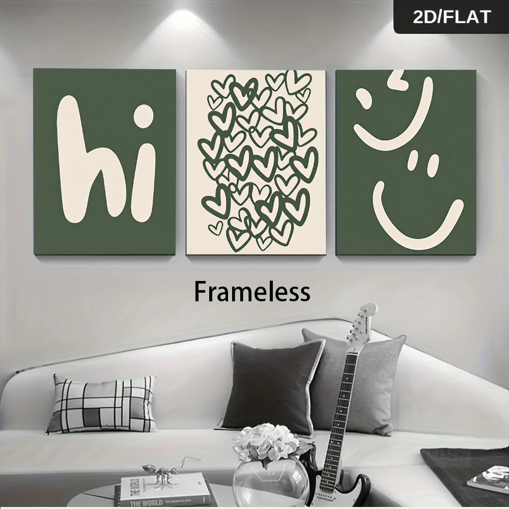 One set of three frameless decorative paintings, featuring a green theme with smiling hearts and letter patterns, in 2D.