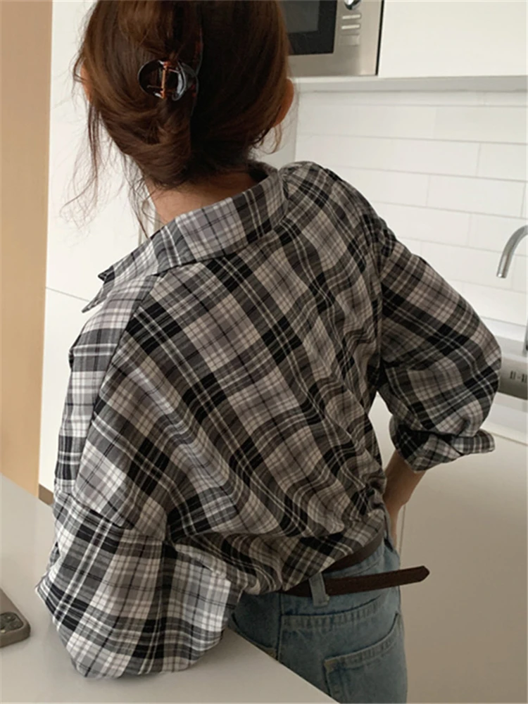 BL9309 New 2023 Fashionable Oversized Plaid Wild Korean Checkered Vintage Spring Autunm Women\'s Blouses  Shirt Elegant Lady Tops