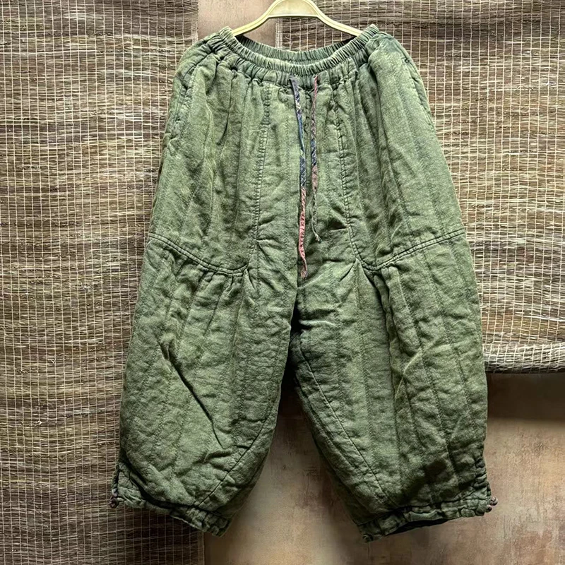 Outono inverno artes estilo feminino cintura elástica solta tornozelo comprimento calças de alta qualidade engrossar algodão linho vintage harem calças