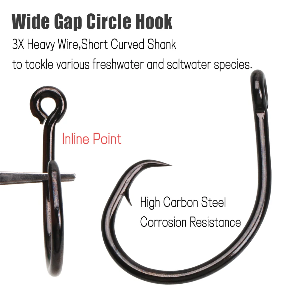 Wifreo 10pcs High Carbon Steel Inline Circle Hook Wide Gap Live Bait Hook Saltwater Fishing Hook For Bass Catfish Snapper Marlin