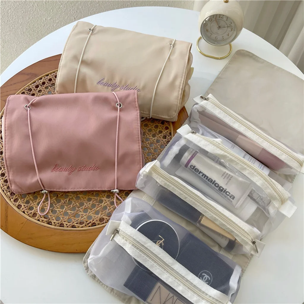 

4PCS in 1 Cosmetic Bag For Women Zipper Mesh Separable Cosmetics Pouch Ladies Foldable Nylon Bag Rope Makeup Bag Kosmetyczka