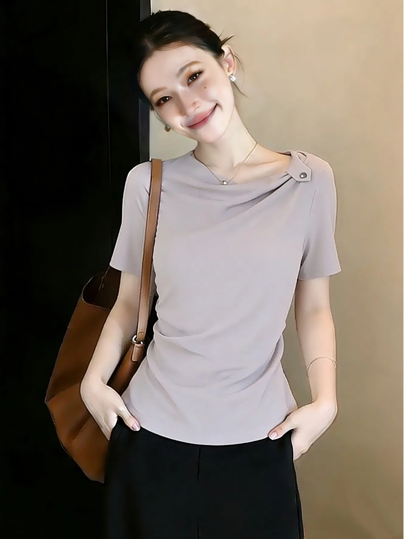 

Casual plus Size Women's T-Shirt Purple Design Irregular Collar Short Sleeve Skin Concealing Slimming Straight Cut French Style