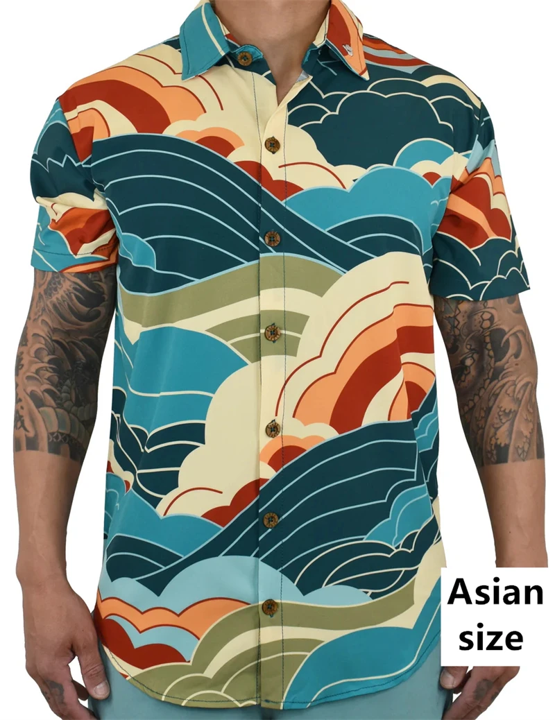 Japanese Style Vacation Shirt 3D Print Sea Wave Pattern Novelty Casual Shirts Men Short Sleeve Y2K Fashion Oversized Clothing