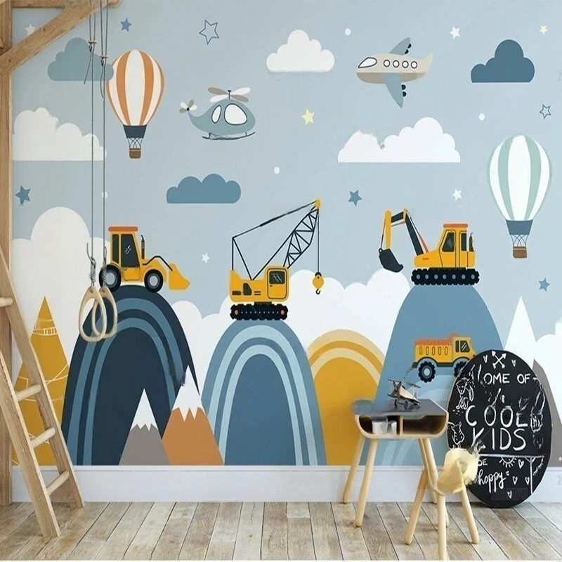 

MU8960 Nordic ins simple hand-painted cloud valley cartoon excavator children's room background wall