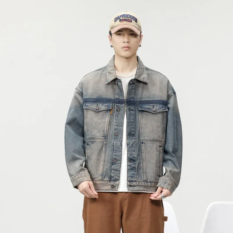 Men Japanese Streetwear Fashion Loose Casual Vintage Make Old Denim Cargo Jacket Man Cityboys Cowboy Plus Size Coat Outerwear