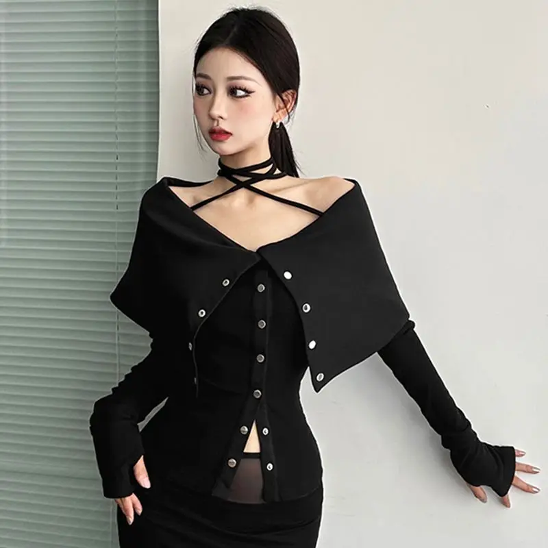 

Blouse T-shirt Women's Autumn/Winter Lapel Off-the-shoulder Cropped Long Sleeves Slim Fit Designer Versatile Elegant Luxurious