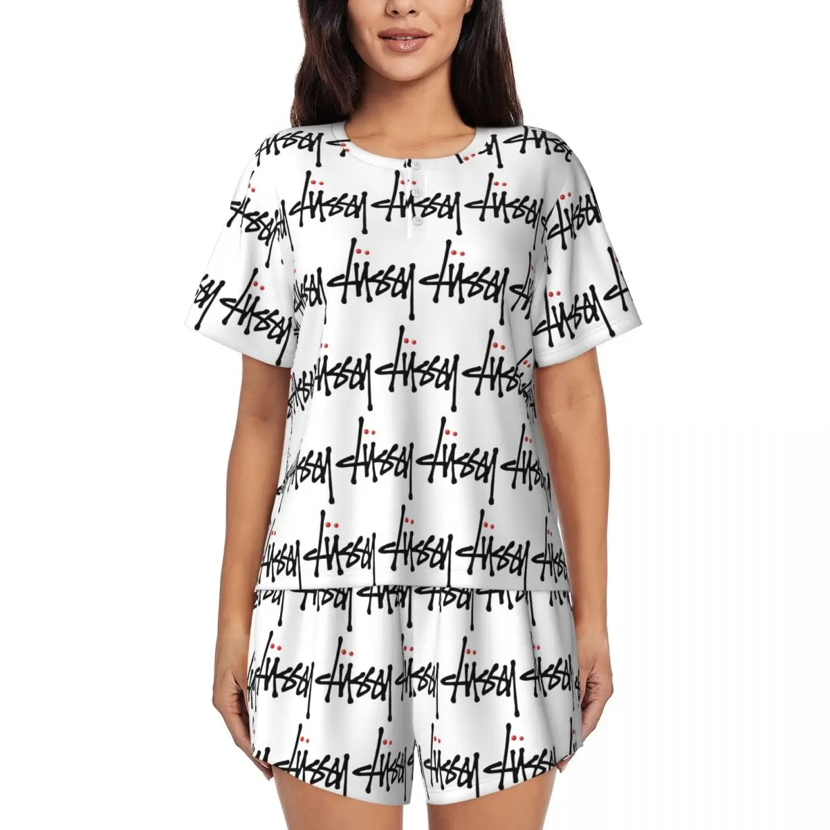 

Clussy Round Neck Short Sleeves Nightdress for Sleeping Sleepshirts Women Loose Pajama Set Short Pants