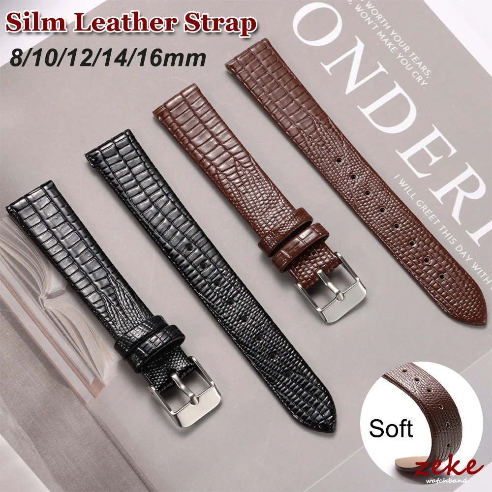 Silm Leather Watch Strap Universal 8/10/12/14/16mm Straps Soft Glossy Leather Bands Women Ultra-thin Wrist Belt with Pin Buckle