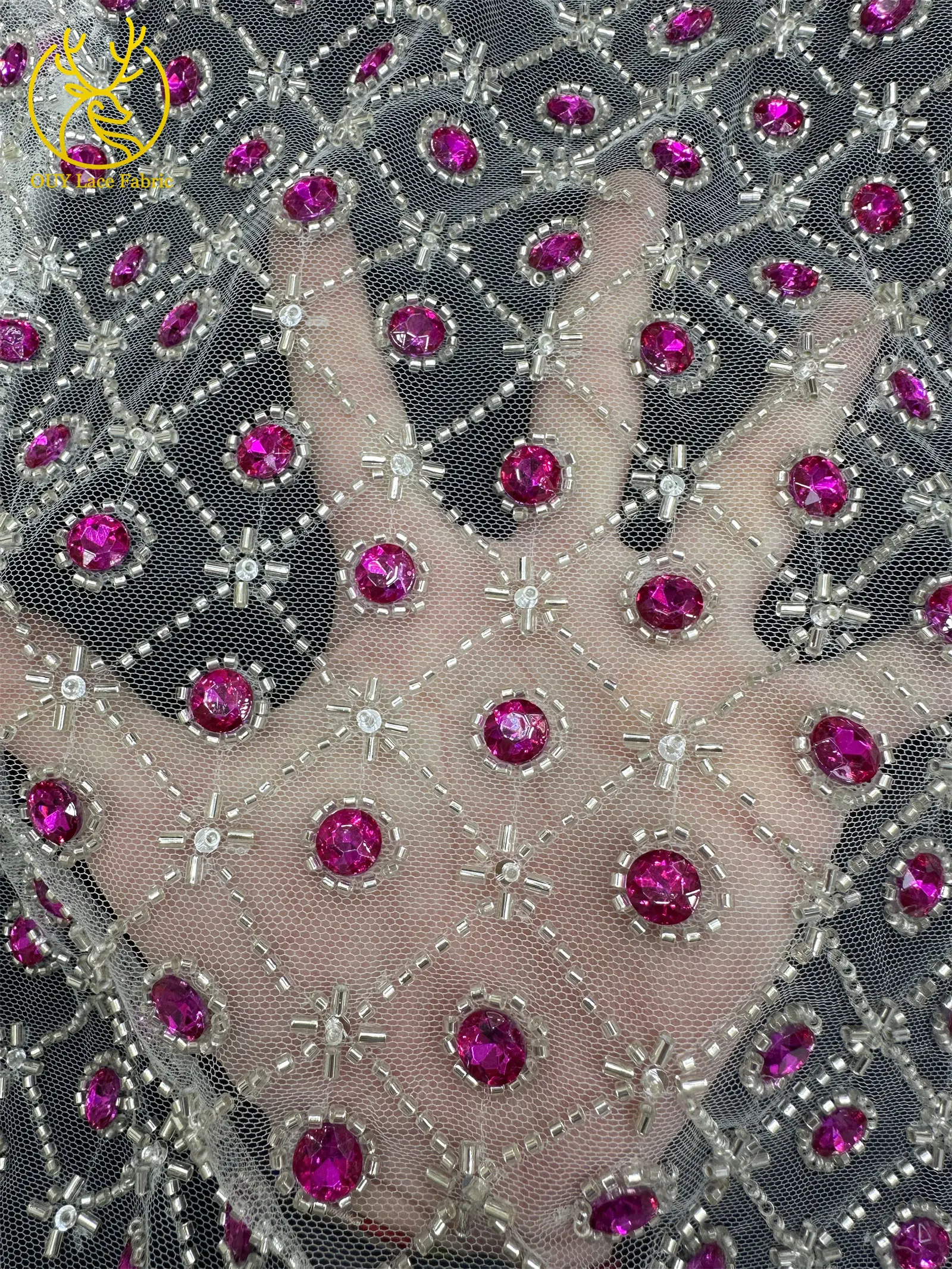 Smaragdgrüner Afrikanischer Tüll mit Perlen, Hochwertige Französische Pailletten-Spitze, Nigerianischer Mesh-Tüll für Hochzeitskleider – Detail 8