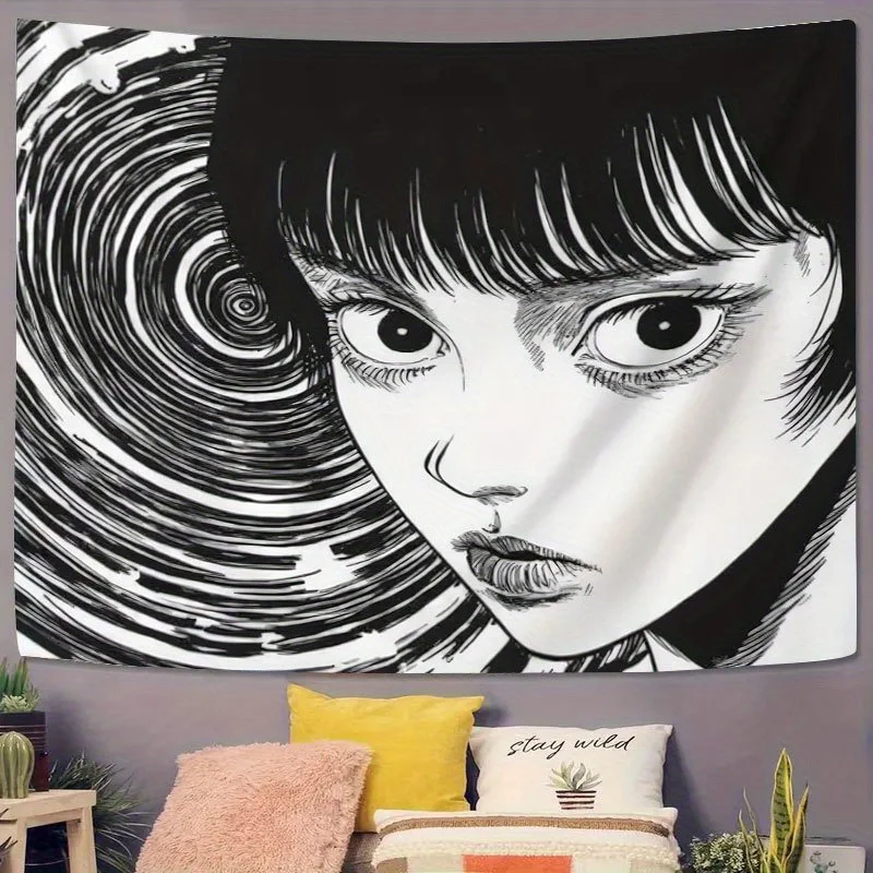 

Гобелен VIKAMA в стиле Дзюдзи Ито с изображением Узумаки, черно-белый настенный декор с принтом девушки из манги в стиле хоррор и вихревым узором, для декора спальни или комнаты отаку