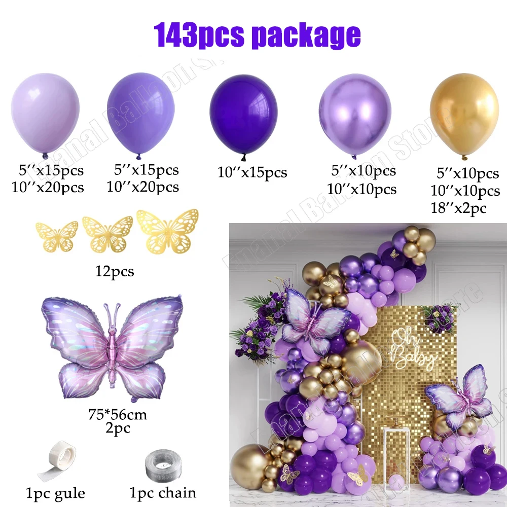 126/143pcs Purple Butterfly Balloon Garland Arch Macar Pink Purple Chrome Gold Ball Girl Birthday Party Baby Shower Wedding Deco