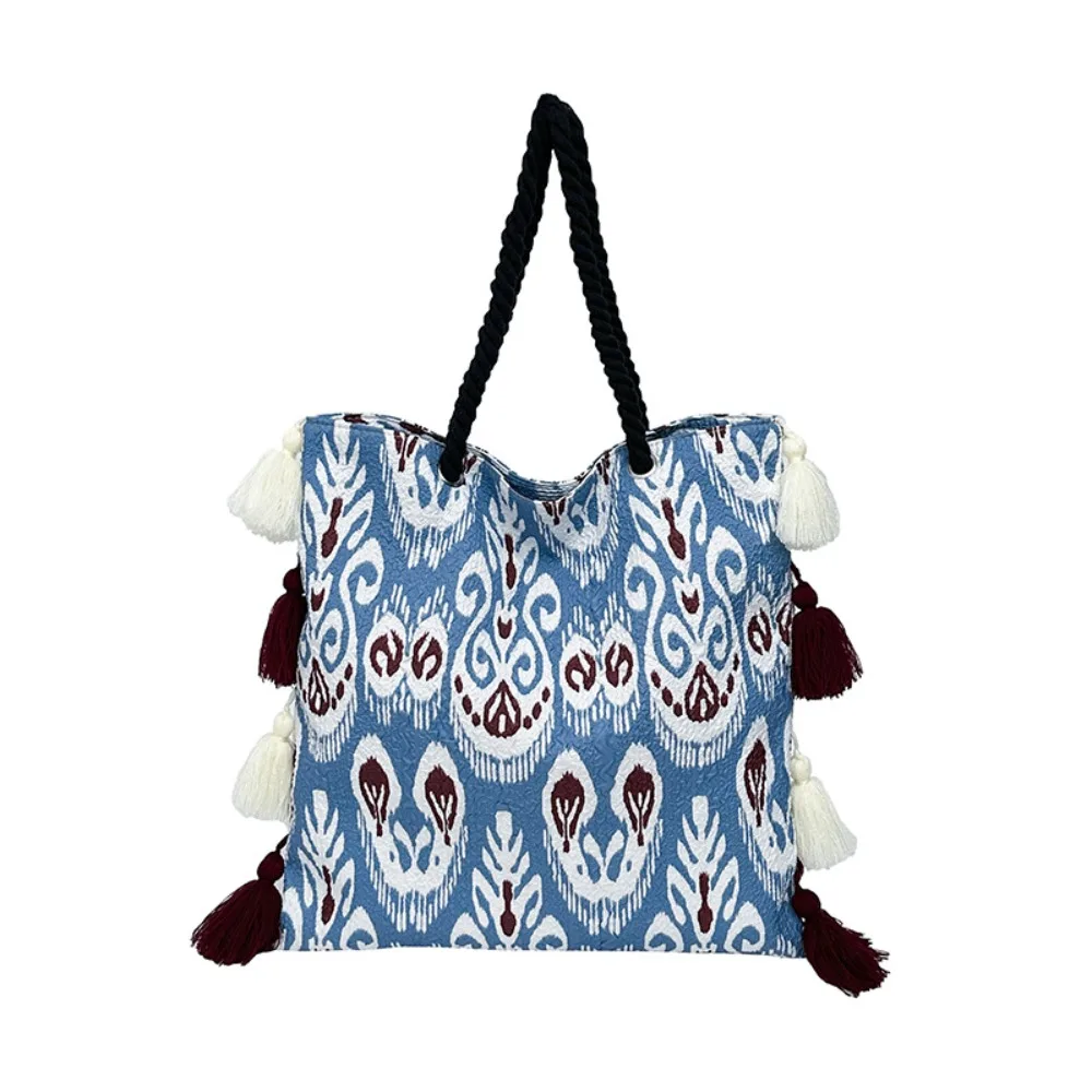 

Large Capacity Tassel Tote Bag Cloth Geometric Pattern Ethnic Style Shoulder Bag Fringe Drawstring Bohemian Handbag Summer