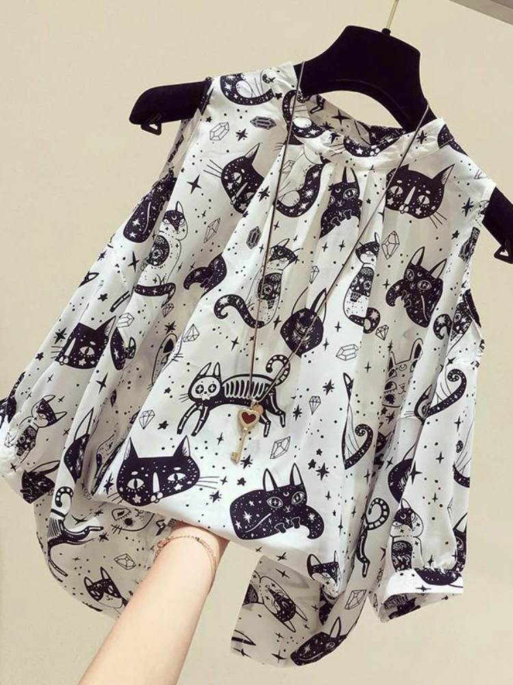 Woherb 2024  S-4XL Chiffon Blouse Women Casual Loose Shot Sleeve Tops Shirt Cute Kawaii Cat Print Blusas Mujer Summer