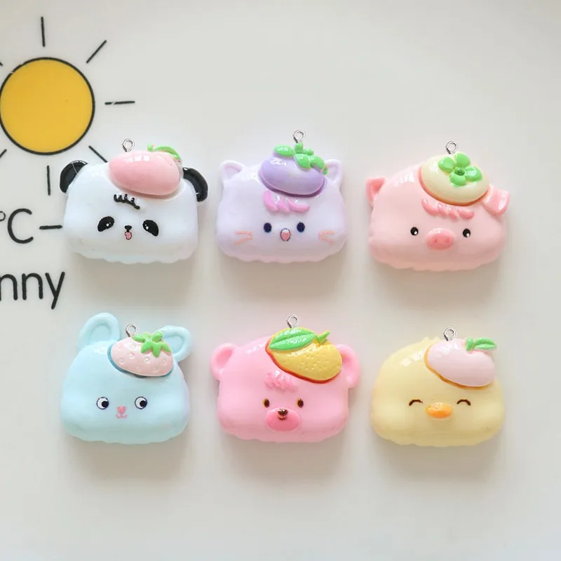 10Pcs Kawaii Fruit Animal Resin Charms Cartoon Panda Pig Cat Bear Rabbit Chick Pendants for DIY Jewelry Keychain Accessories