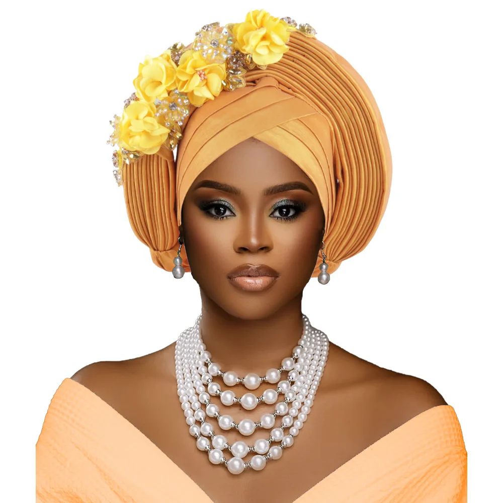 

Fashion New African Headtie Turban Nigeria Head Ties with Flowers Already Made Auto Gele Women Head Wraps for Wedding Party