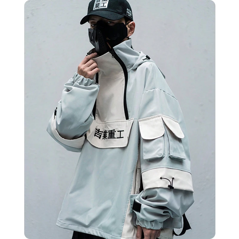 Unisex Multi Pocket Jacket Stormsuit Hiphop Casual Stitching Half Zip Hooded Women Men'S Clothes Japanese Style Streetwear