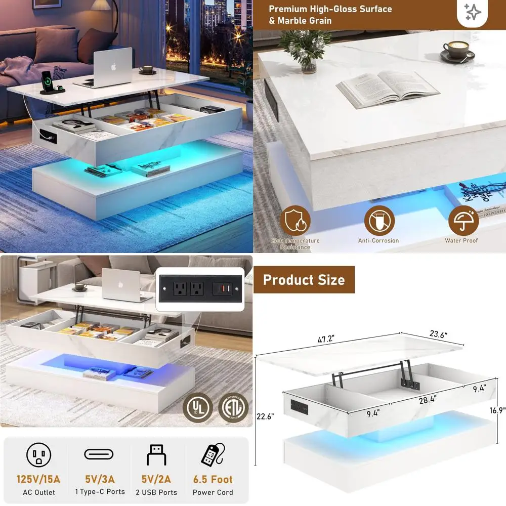 طاولة قهوة حديثة مضيئة بإضاءة LED مع قاعدة شحن وتخزين مخفي، طاولة مركزية بيضاء عالية اللمعان للمستدام