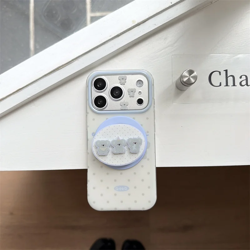 

Sweet Cartoon Koala Magnetic Phone Case With Grip Stand For iPhone 17 16 15 14 Pro Max Shockproof Cover For MagSafe Girls